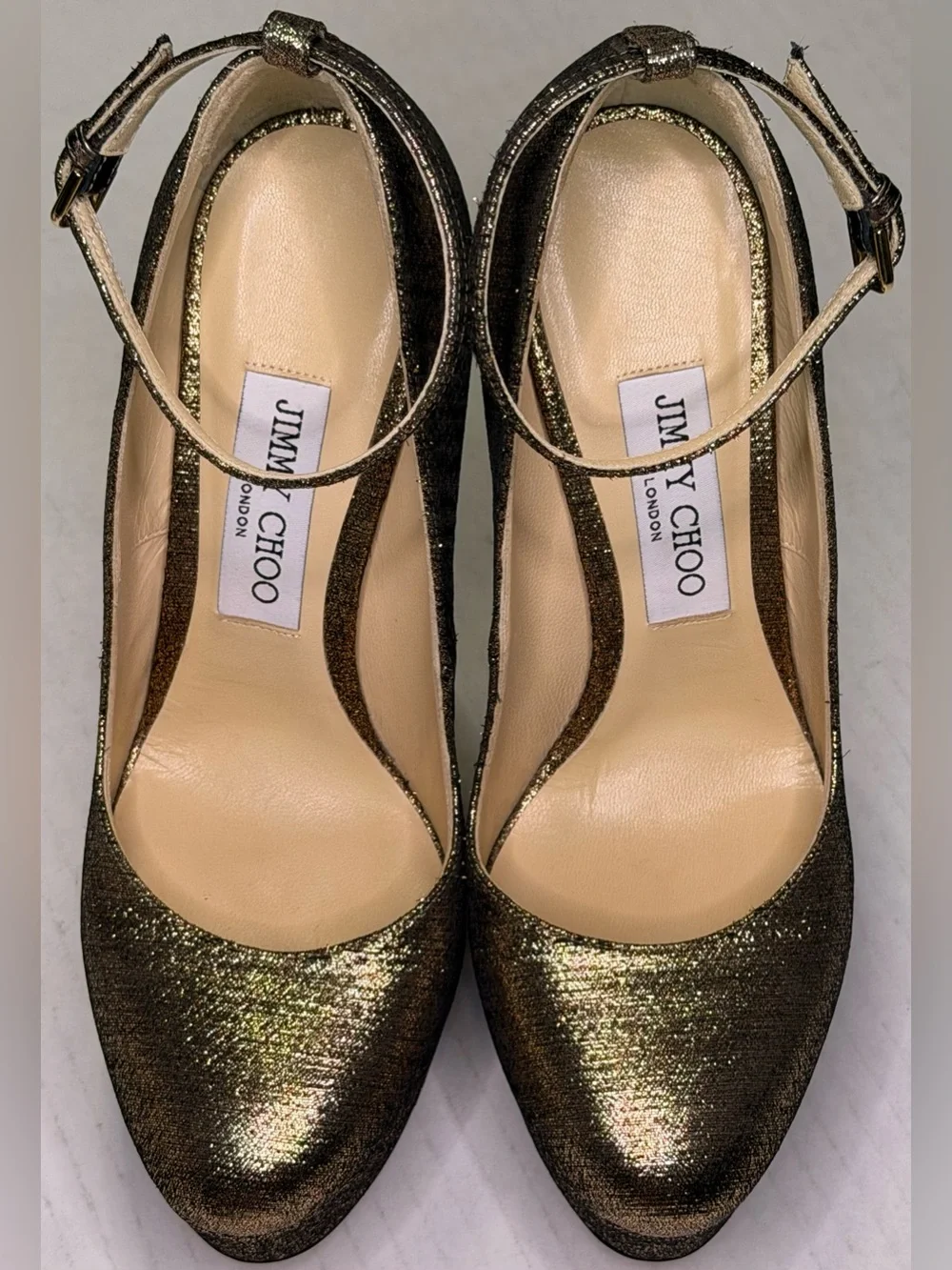 Jimmy Choo Klerise 150 Bronze Metallic Platform Ankle Strap Pumps EU 38 Italy